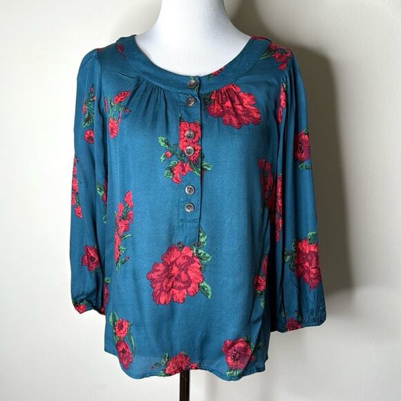 Mauve Anthropologie Kalas Teal Floral Henley - Picture 2 of 7